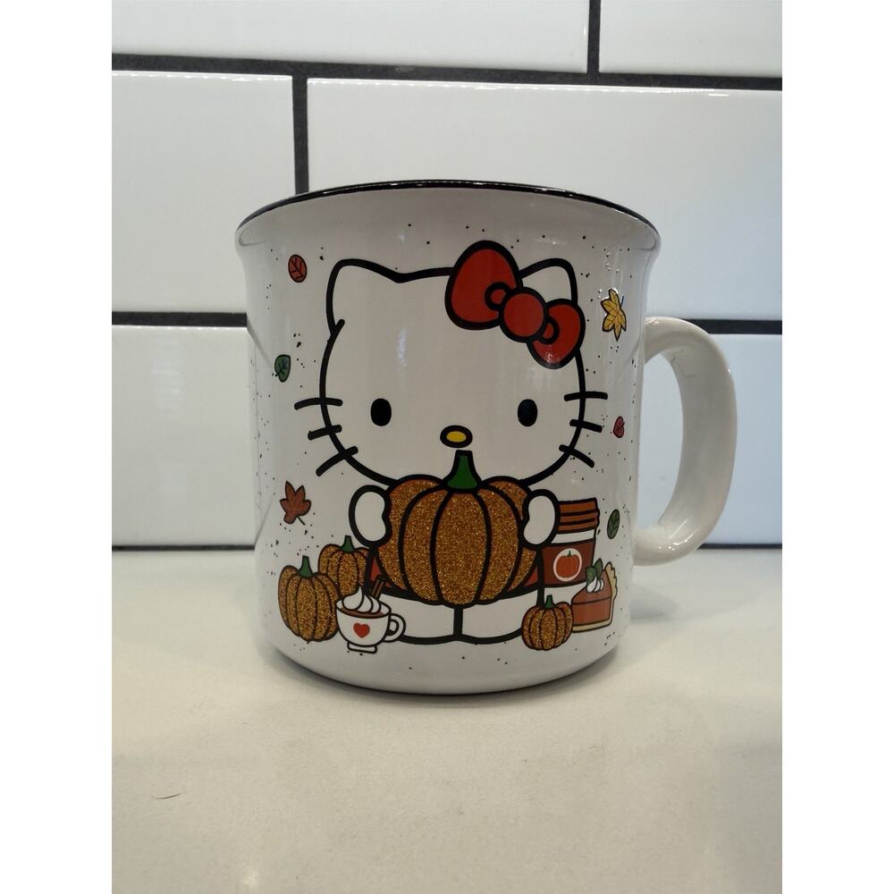 New Sanrio Hello Kitty Mug Halloween Sparkly Fall Pumpkins 20 oz Orange Glitter